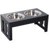 23" Modern Decorative Dog Bone Wooden Heavy Duty Elevated Dog Bowl Feeding Station - Black
