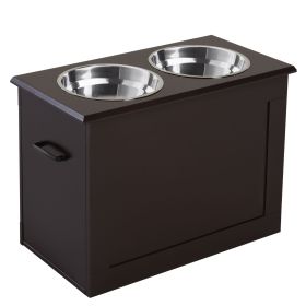 Raised Dog Feeding Station with 2 Stainless Steel Bowls Storage Large Pets Dark Brown