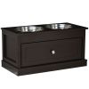 Double Elevated Dog Bowls for Large Dogs, Raised Dog Feeding Station with 2 Stainless Steel Bowls, Storage Drawer & Wood Stand for Cats, Brown