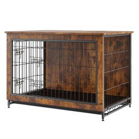 Dog Crate Furniture, 38 inch Wooden Dog Crate with Double Doors, Heavy-Duty Dog Cage End Table with Multi-Purpose Removable Tray