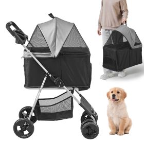 Pet Stroller, 4 Wheels Dog Stroller Rotate with Brakes, 35lbs Weight Capacity, Puppy Stroller with Detachable Carrier, Storage Basket and Cup Holder
