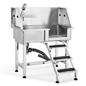 34" Pet Dog Bathing Station w/Ramp, Professional Stainless Steel Dog Grooming Tub w/ Storage Drawer, Faucet,Rich Accessory, Dog Bathtub for Large